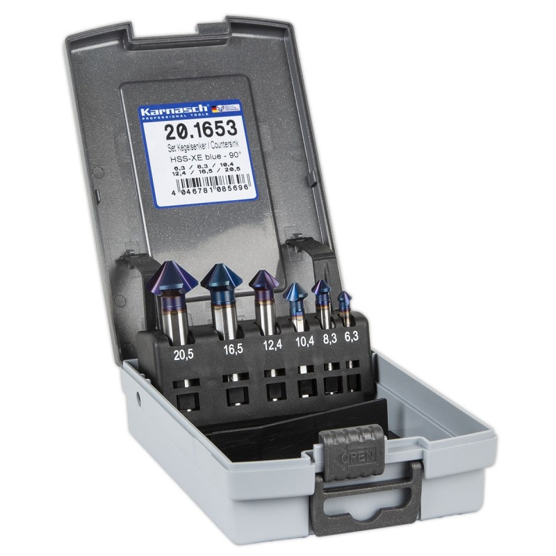 6-osaline koonussüvistite komplekt Karnasch Countersink 90° HSS-Xe Blue-Tec coating